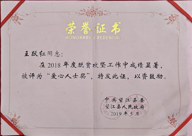 度才子集团王跃红中共望江县委爱心人士奖